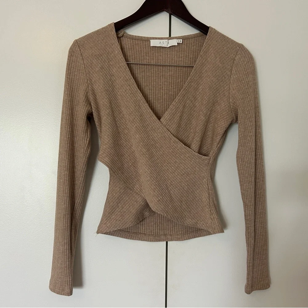 Astr Beige Ribbed Wrap Top - Picture 1 of 1